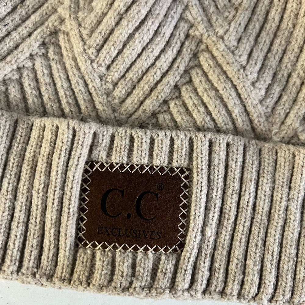 C.C Exclusives Beige Knit Beanie with Faux Fur Pom - Picture 4 of 5